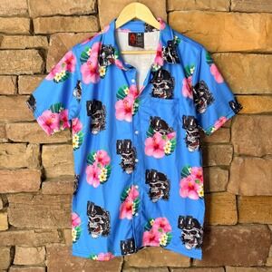 OAF Nation Mens Skull Hibiscus Hawaiian Shirt Blue Size Medium Button Up